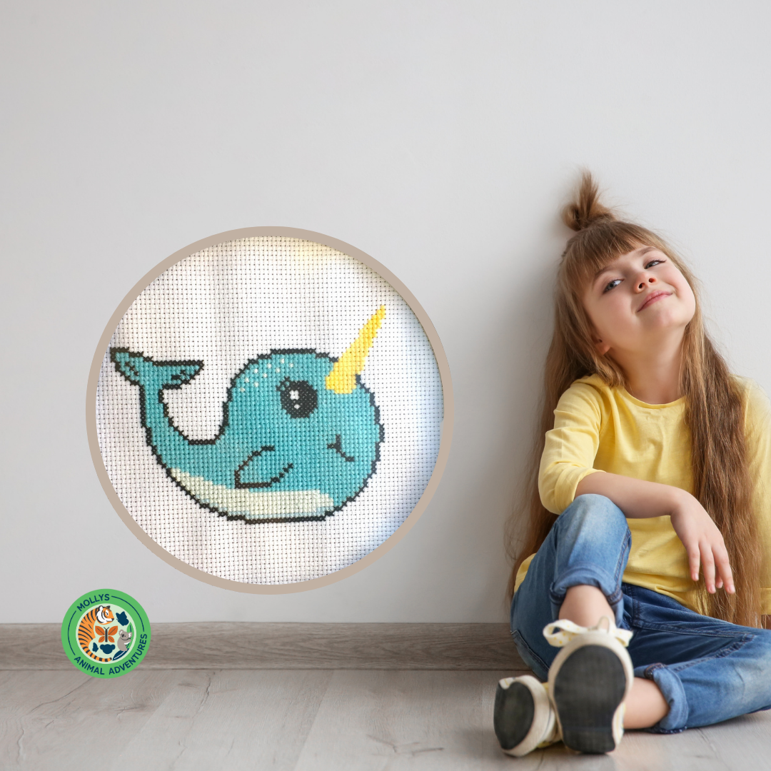 Narwhal DIY Cross Stitch Kit – Fun Animal Craft for Kids (5” Hoop, Intermediate)