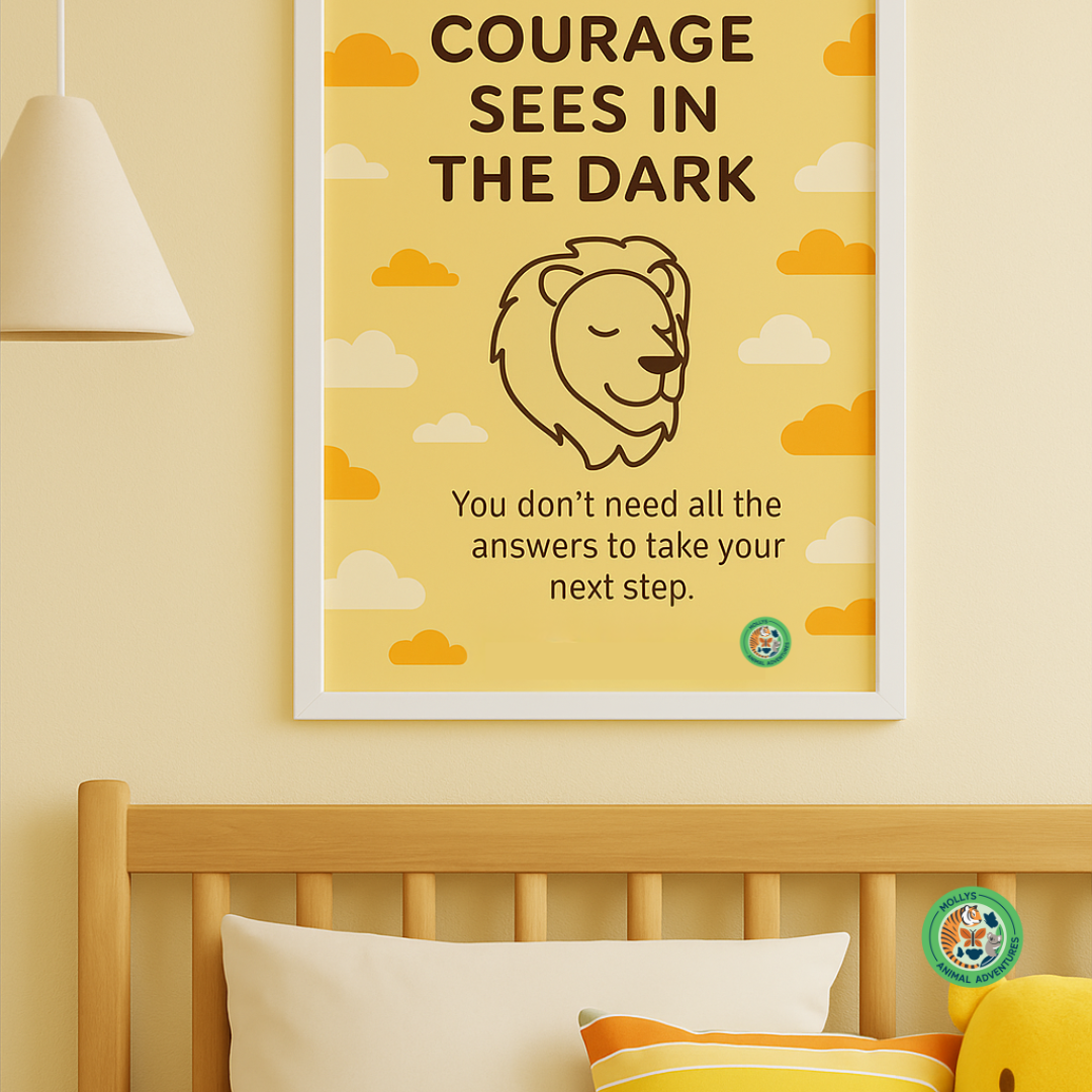 Courage Sees in the Dark – Framed Lion Quote Poster for Kids Wall Art
