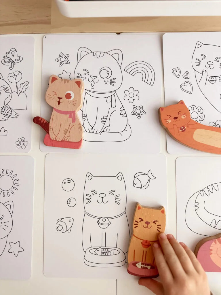 Wooden Cat Play & Coloring Set – Creative Storytelling Toy for Kids