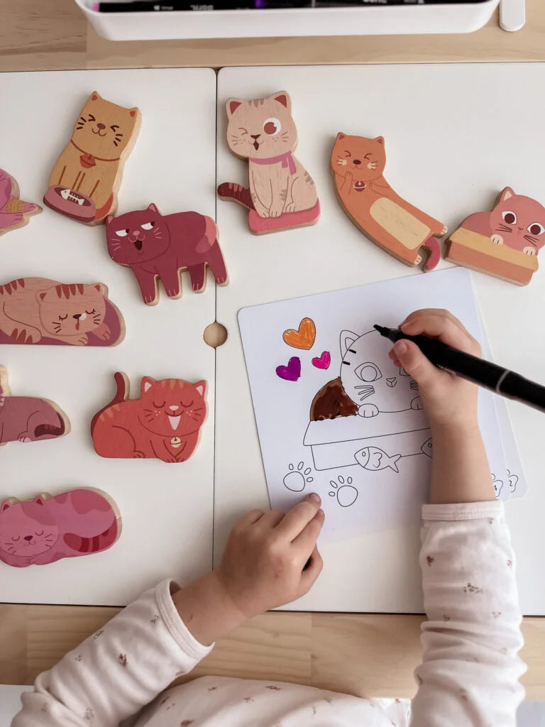 Wooden Cat Play & Coloring Set – Creative Storytelling Toy for Kids