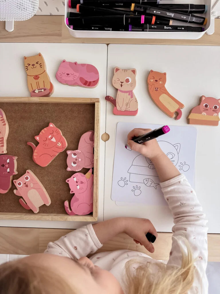 Wooden Cat Play & Coloring Set – Creative Storytelling Toy for Kids