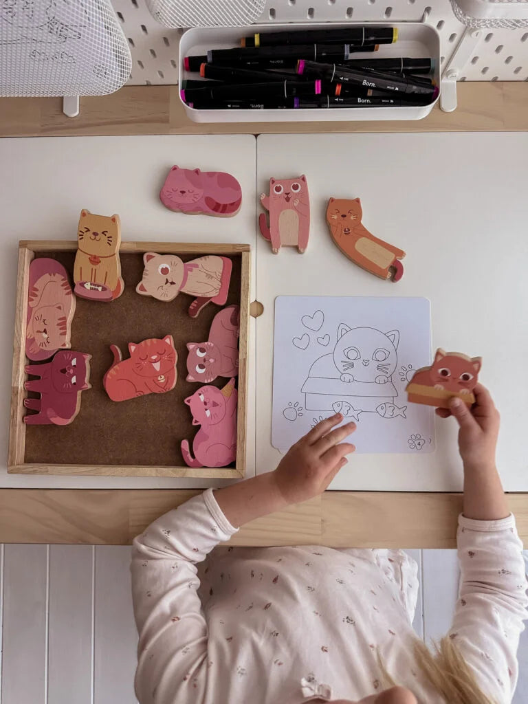 Wooden Cat Play & Coloring Set – Creative Storytelling Toy for Kids