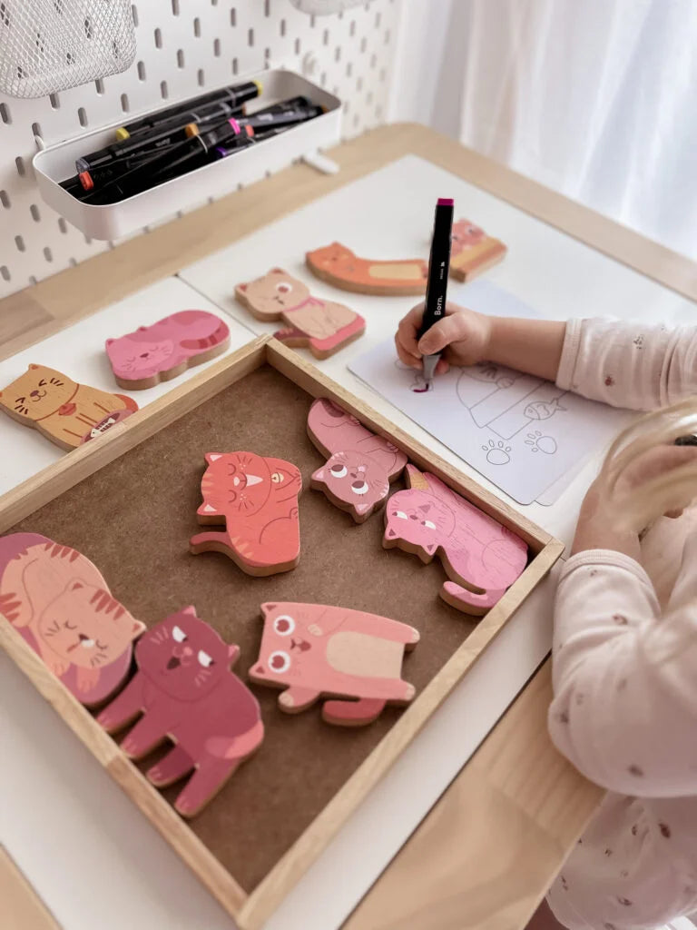 Wooden Cat Play & Coloring Set – Creative Storytelling Toy for Kids