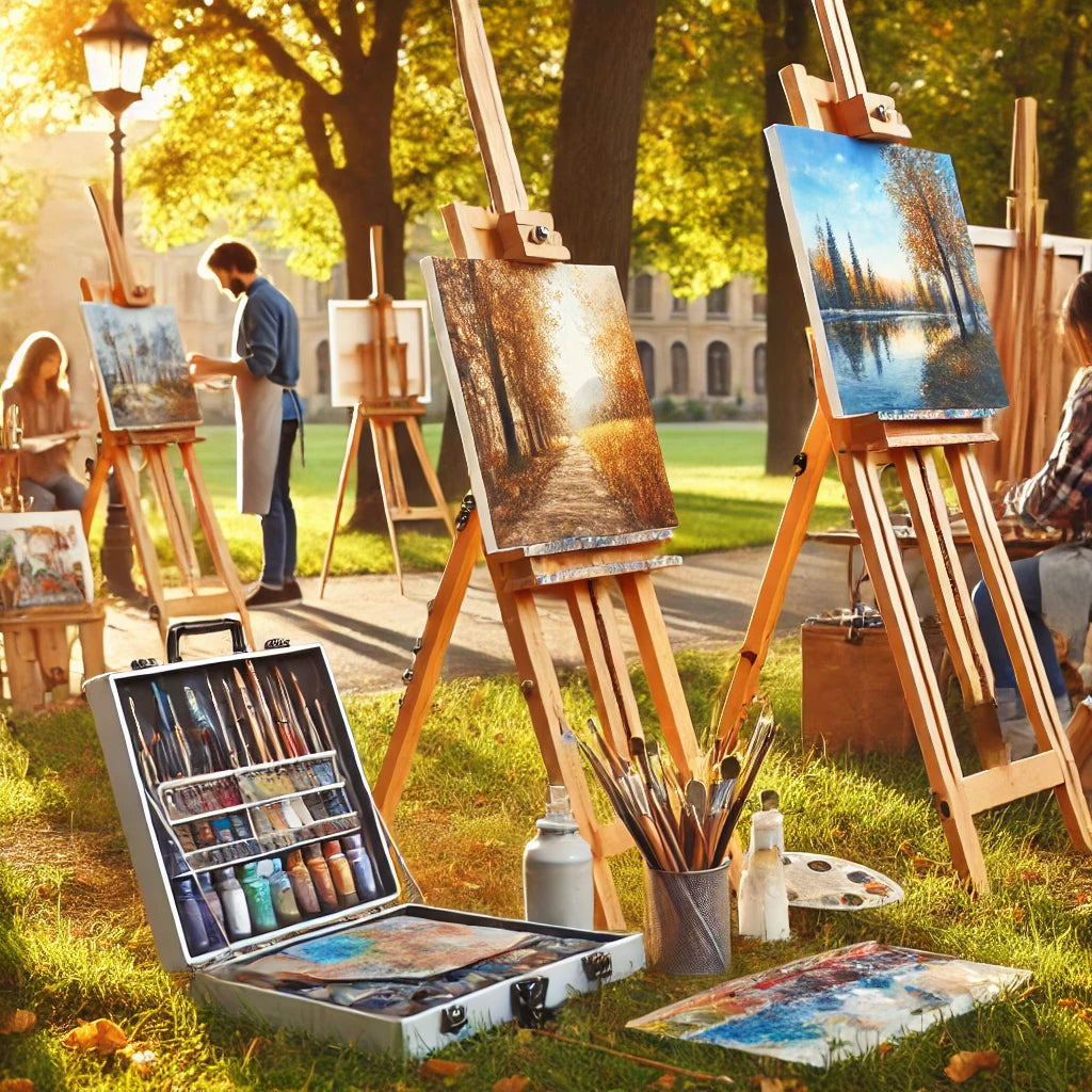 A group of portable art easels set up outdoors with artists painting landscapes. The lightweight, foldable easels are easy to carry and provide stability. The scene emphasizes the convenience and versatility of these easels for artists on the go.