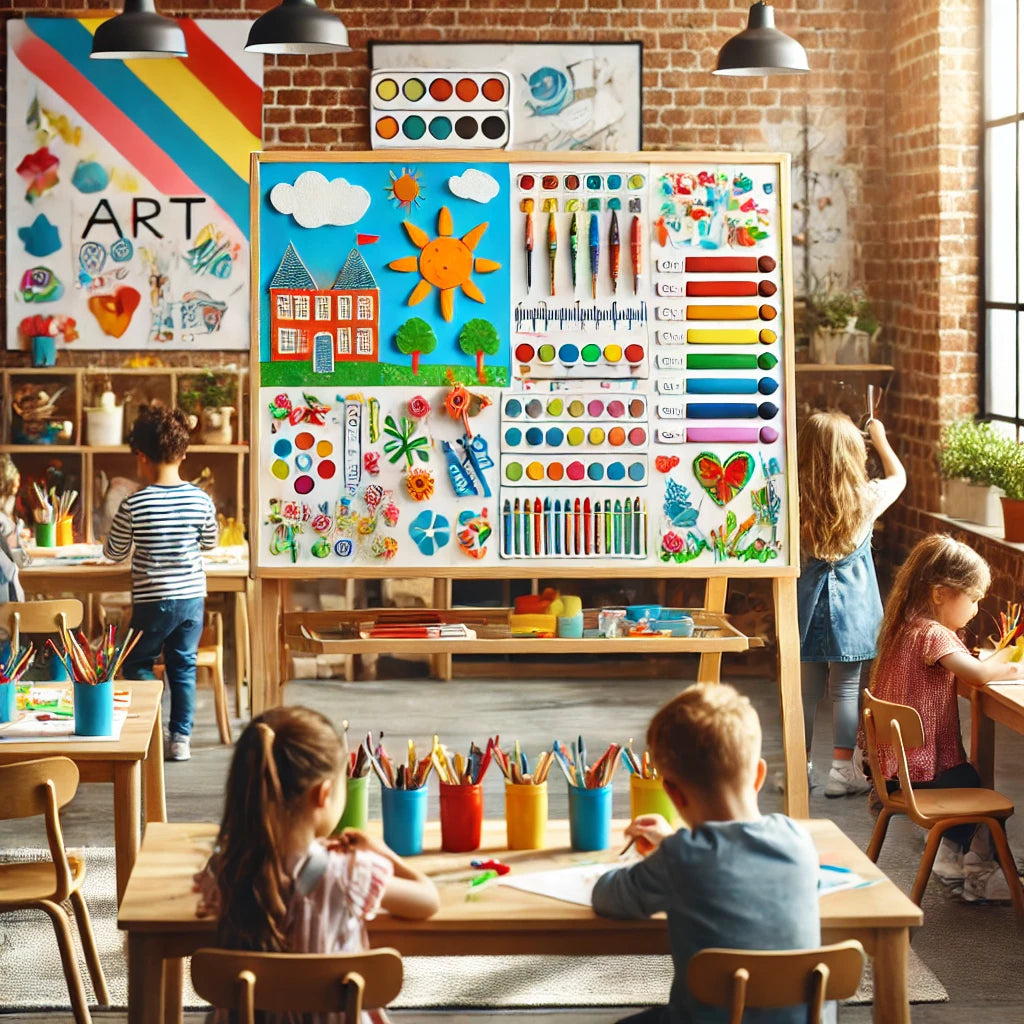 A cheerful, engaging image of kids' art easels in a colorful classroom. Children are painting and drawing on chalkboards and whiteboards, with storage trays holding art supplies. The scene highlights the fun and educational aspects of these easels.
