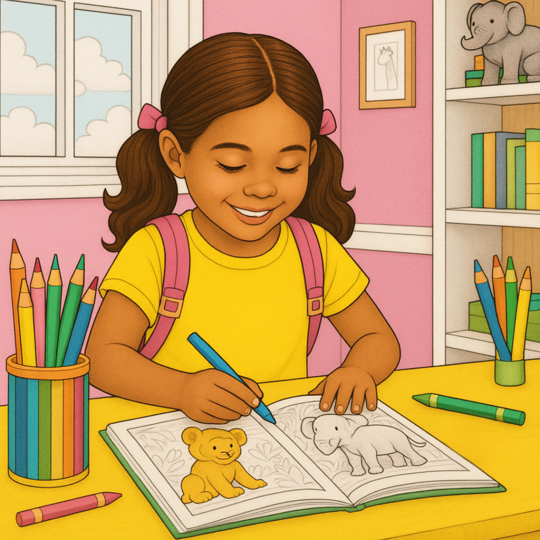 "Three young girls sitting at a table, coloring a large open book with colored pencils. Part of the 'Amazing Animal Adventures' series."
