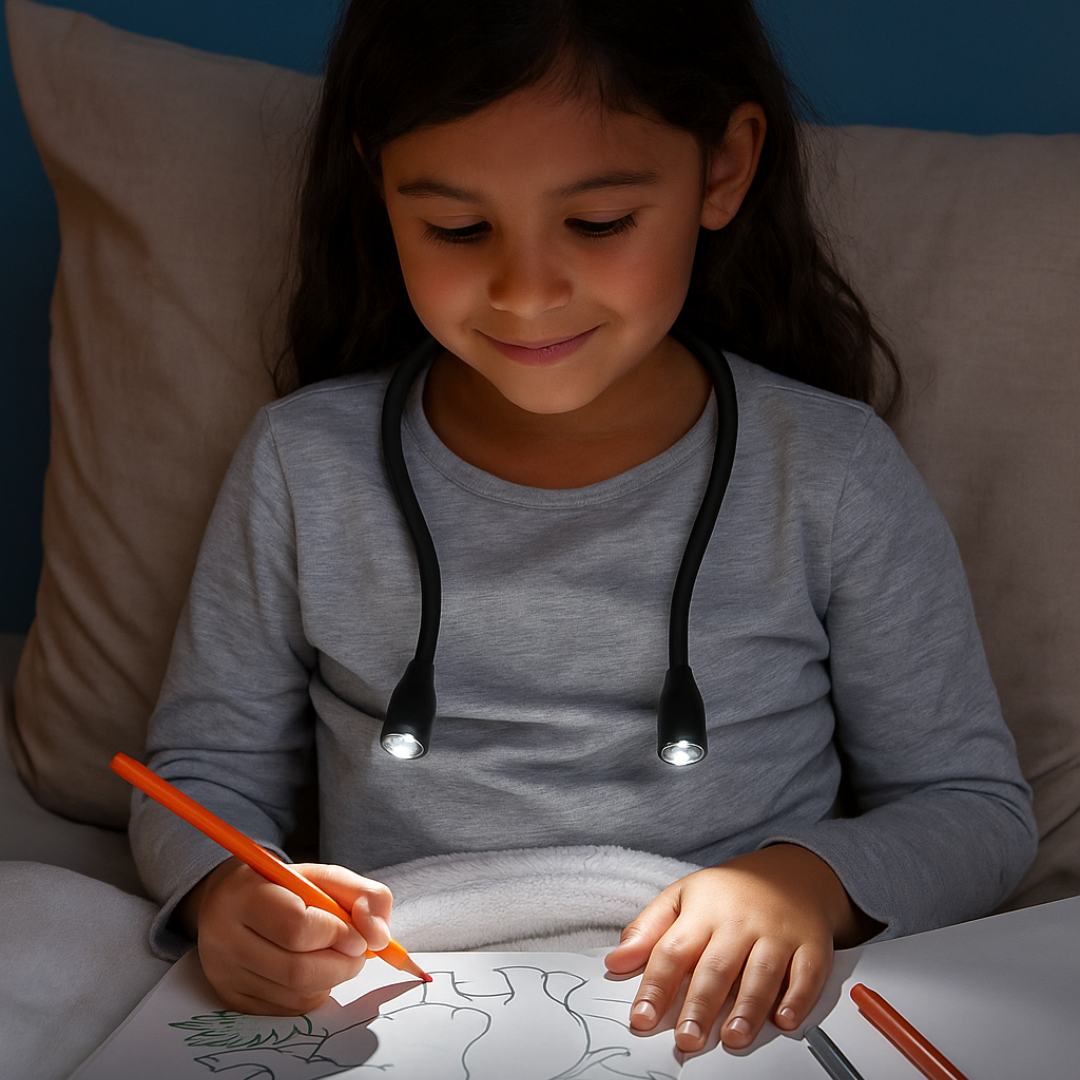 A well-lit, cozy workspace with both a stylish desk lamp and a flexible neck reading light in use.