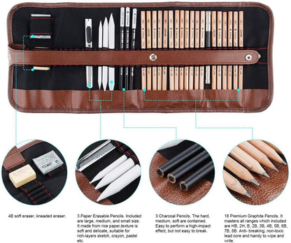 29-Piece Pro Artist Sketch Kit – Pencils, Charcoal & Travel Roll for Creative Adventures