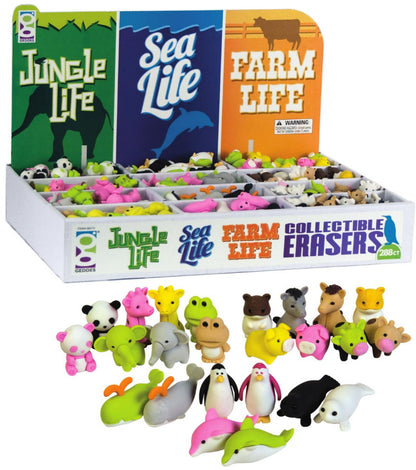Jungle, Sea & Farm Life Animal Erasers – 288 Count with Display Box | Collect, Play, and Trade!