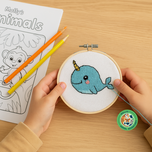 Narwhal DIY Cross Stitch Kit – Fun Animal Craft for Kids (5” Hoop, Intermediate)
